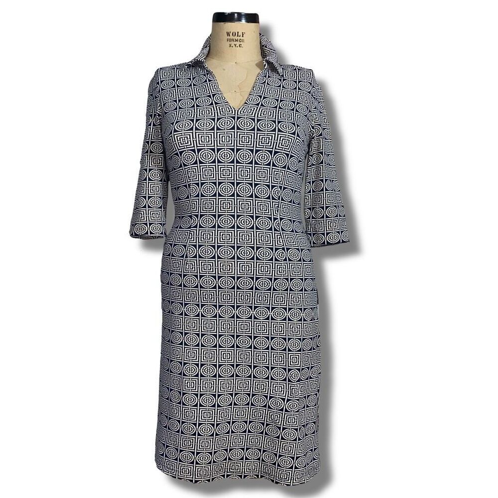 J.McLaughlin Womens Size Small Dress Navy Blue Geometric Print V Neck Collared